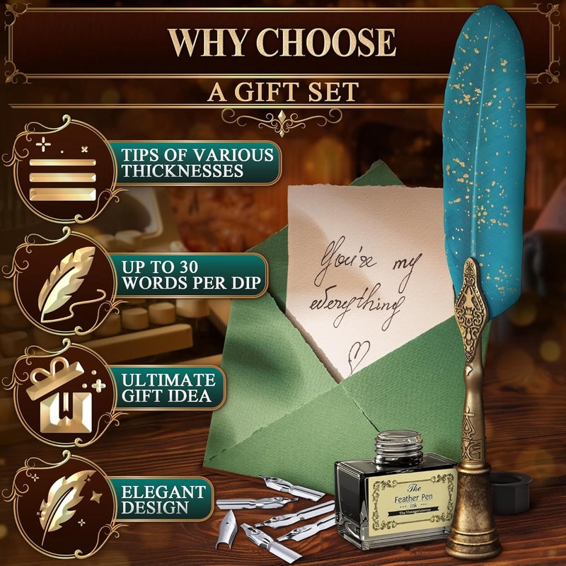 Kotko Turquoise Feather Quill Pen and Ink Set – Stainless Steel Dip Pen with 5 Nibs, Non-Slip Grip, Stand & Gift Box – Vintage Quill and Ink Set for Signing, Writing Calligraphy Kit, Elegant Writer Gift - Image 4